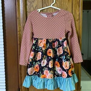 Ricrac & Ruffles Dress 4T long sleeves Black with flowers pink green orange